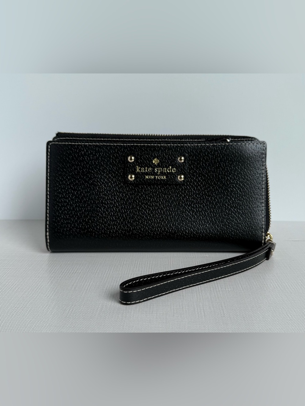 Kate Spade Black Pebbled Leather Wristlet With Hot Pink & Tan Interior